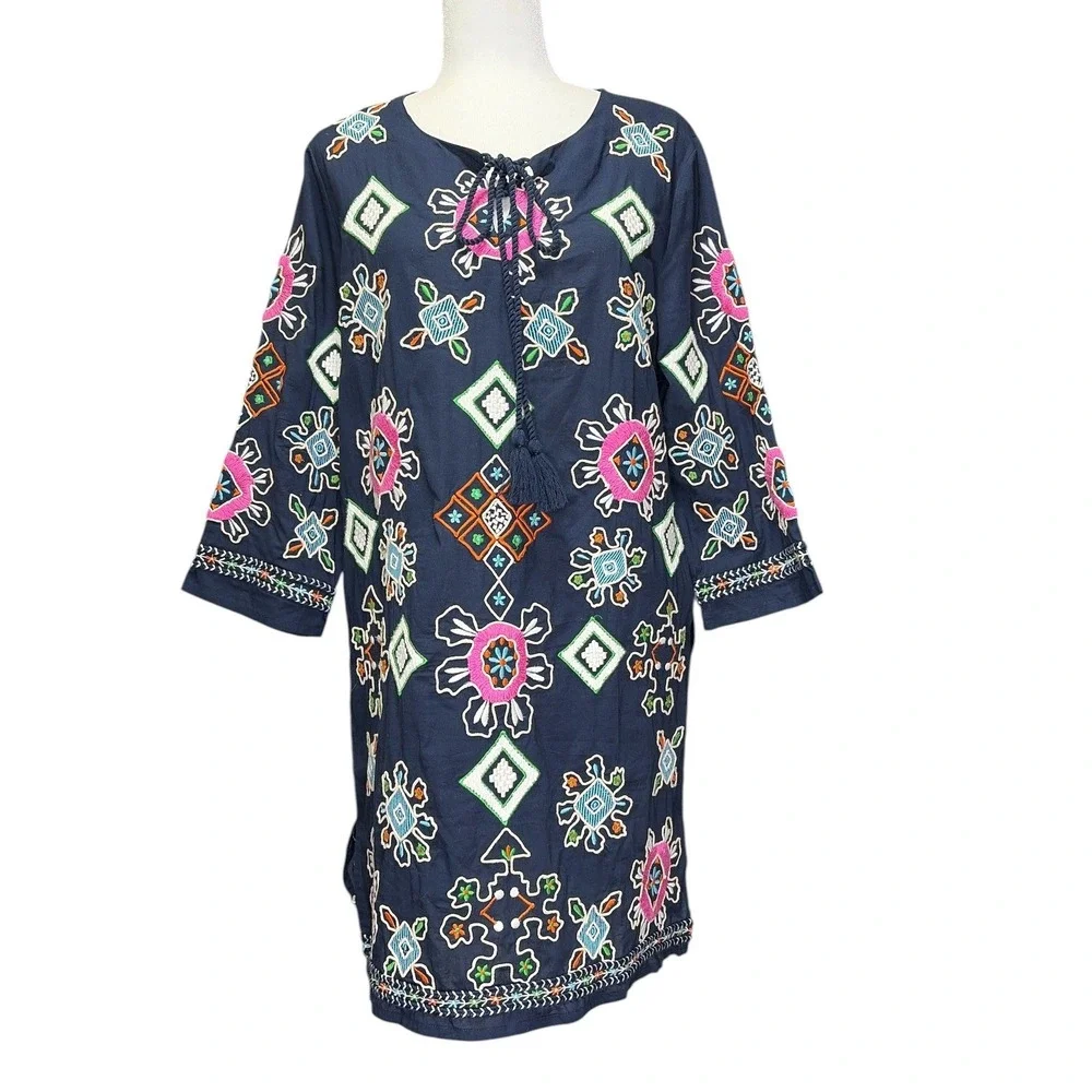 Frances‎ Valentine Capri Navy Blue Embroidered Cotton Tunic Dress Tassel Tie M